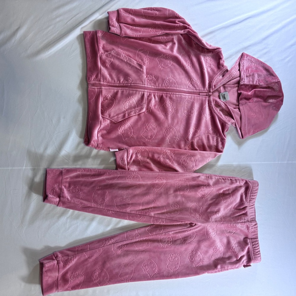 Sanrio Hello Kitty Pink Velour Tracksuit Hoodie & Joggers Set Kids Size 7-8YRS